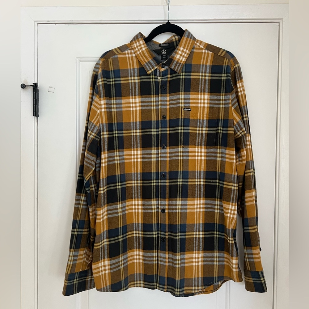 Volcom Men's Mustard and Black Plaid Shirt